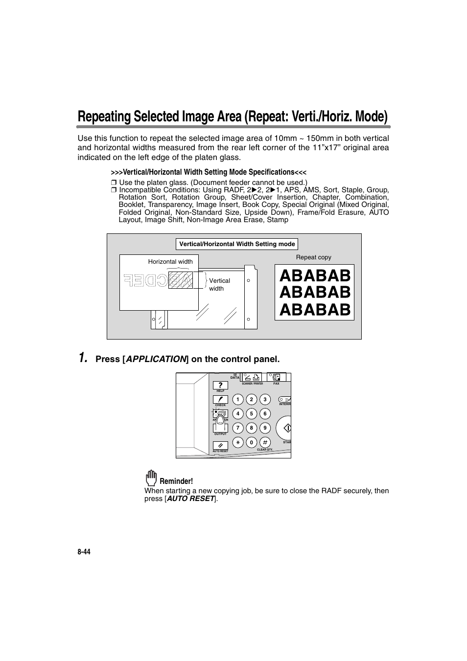 Press [ application ] on the control panel, Reminder | Konica Minolta 7130 User Manual | Page 182 / 294