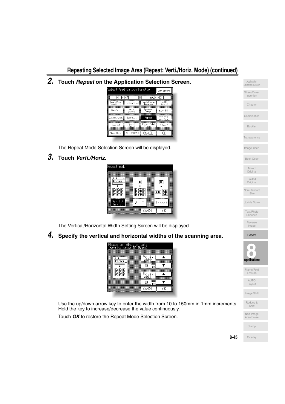 Touch repeat on the application selection screen, Touch verti./horiz | Konica Minolta 7130 User Manual | Page 183 / 294