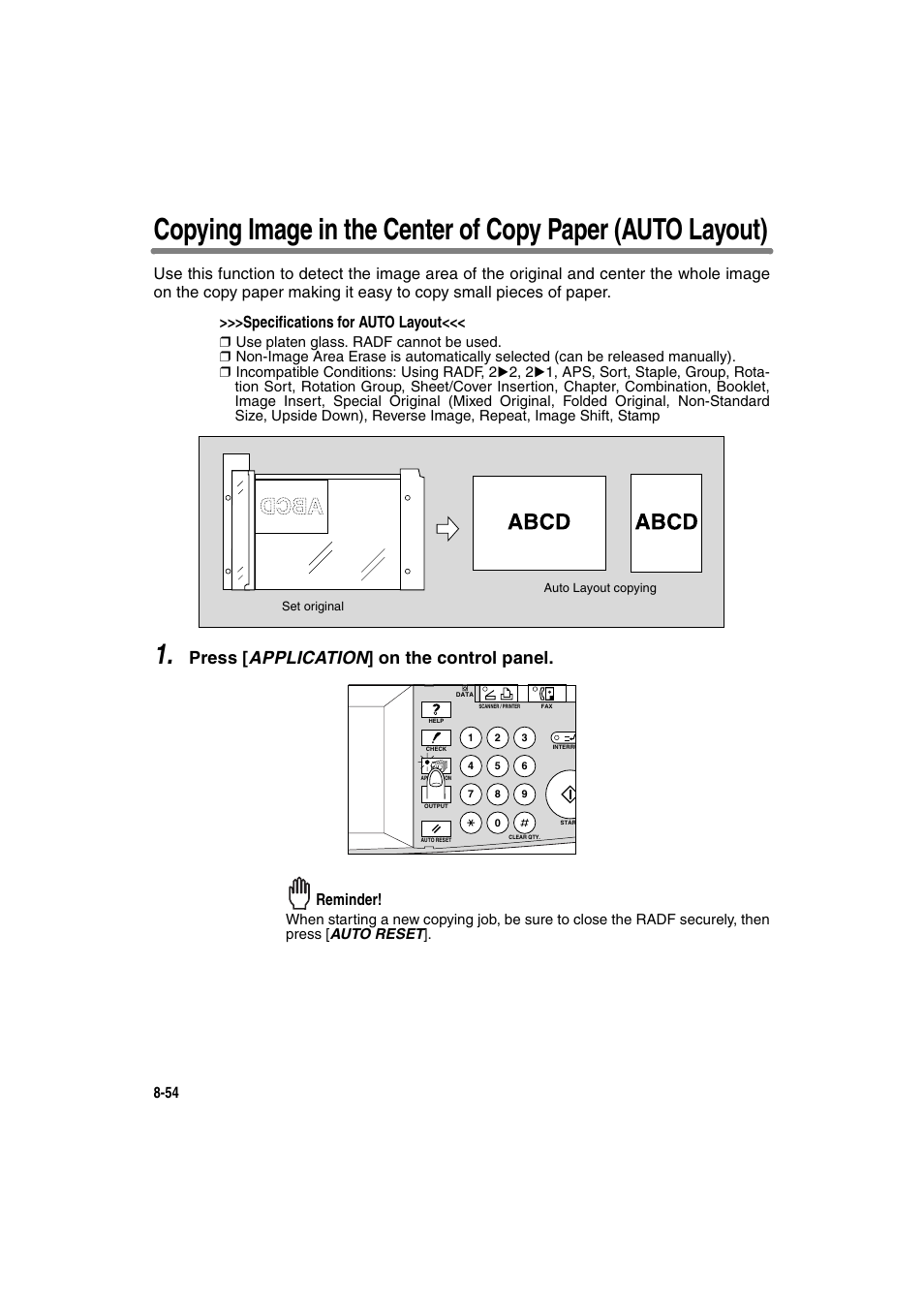 Press [ application ] on the control panel, Reminder | Konica Minolta 7130 User Manual | Page 192 / 294