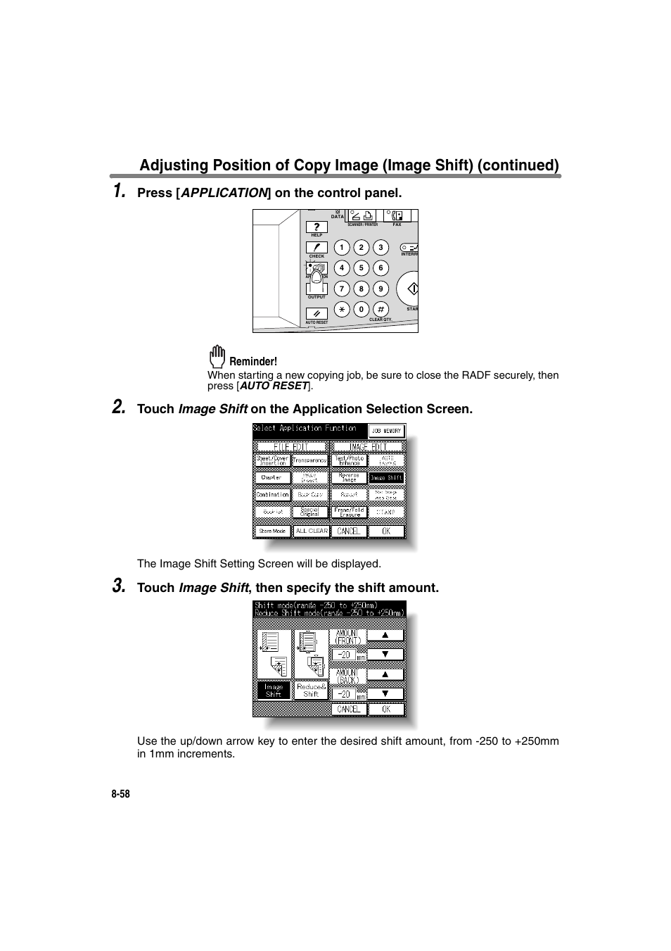 Press [ application ] on the control panel, Touch image shift , then specify the shift amount, Reminder | Konica Minolta 7130 User Manual | Page 196 / 294