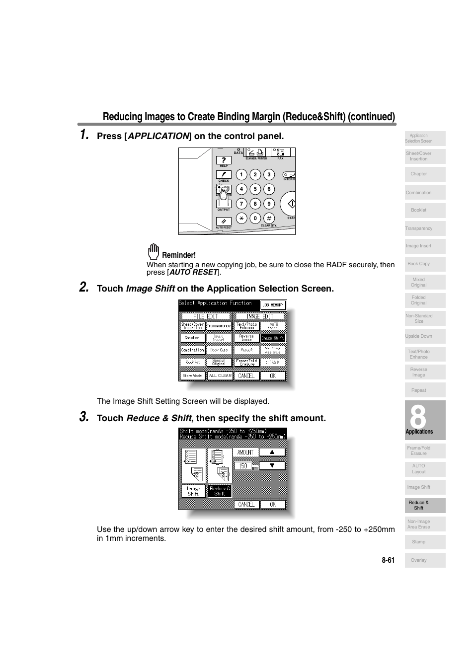 Press [ application ] on the control panel, Reminder, The image shift setting screen will be displayed | Konica Minolta 7130 User Manual | Page 199 / 294