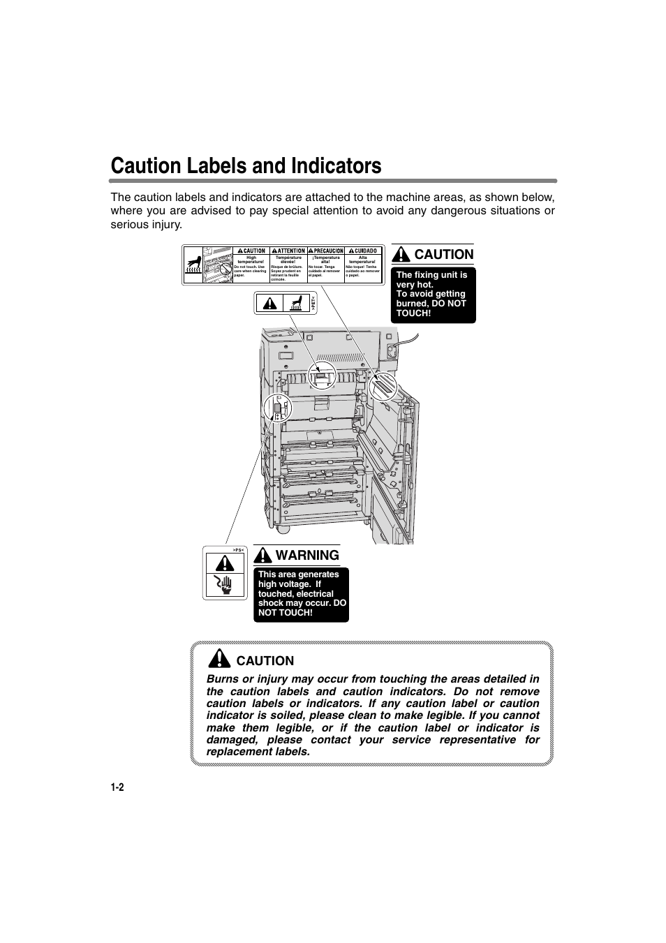 Caution labels and indicators, Warning, Caution | Konica Minolta 7130 User Manual | Page 20 / 294