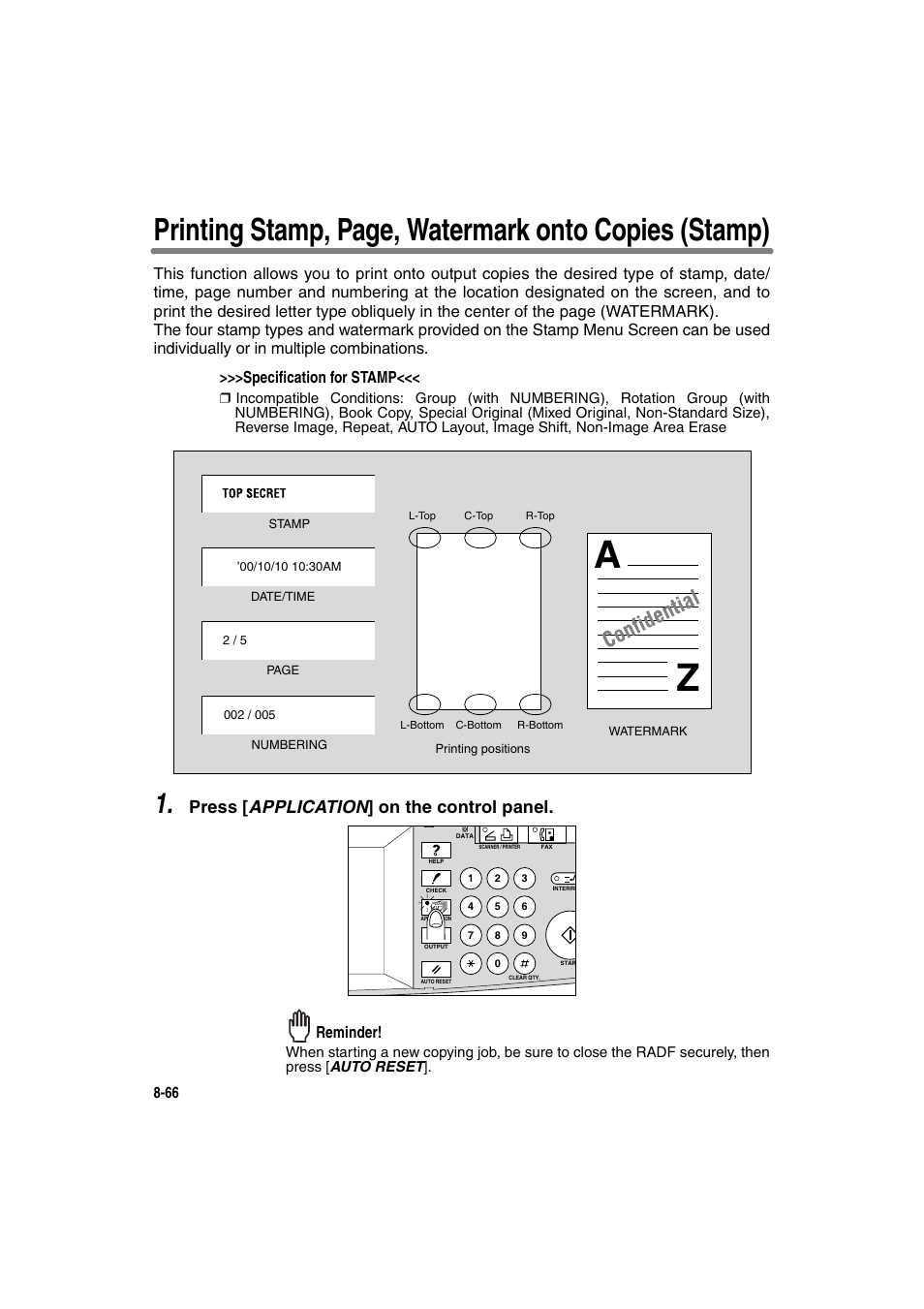 Press [ application ] on the control panel, Reminder | Konica Minolta 7130 User Manual | Page 204 / 294