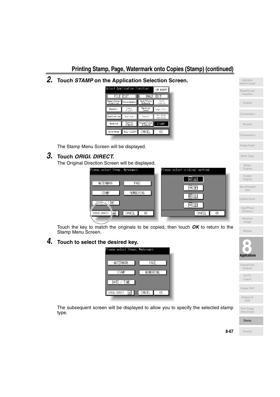Touch stamp on the application selection screen, Touch origi. direct, Touch to select the desired key | Konica Minolta 7130 User Manual | Page 205 / 294