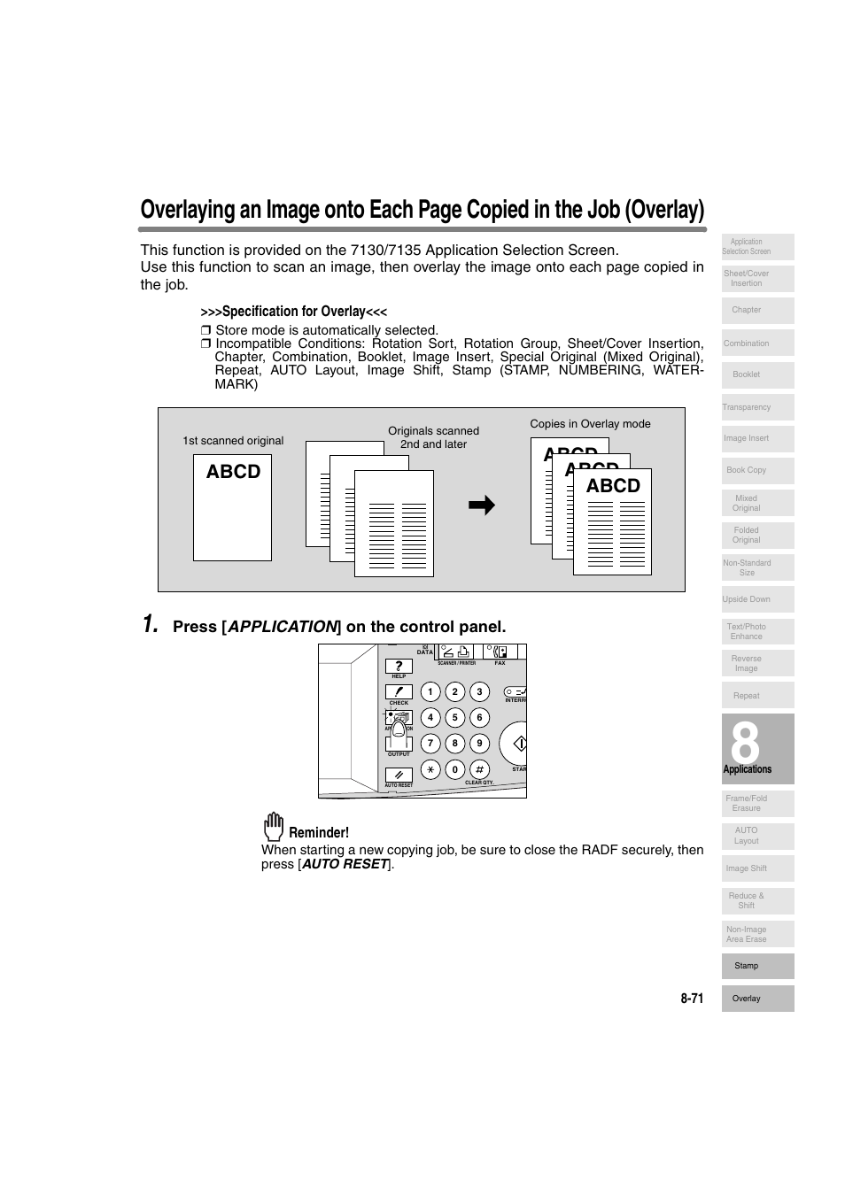 Abcd, Press [ application ] on the control panel, Reminder | Konica Minolta 7130 User Manual | Page 209 / 294