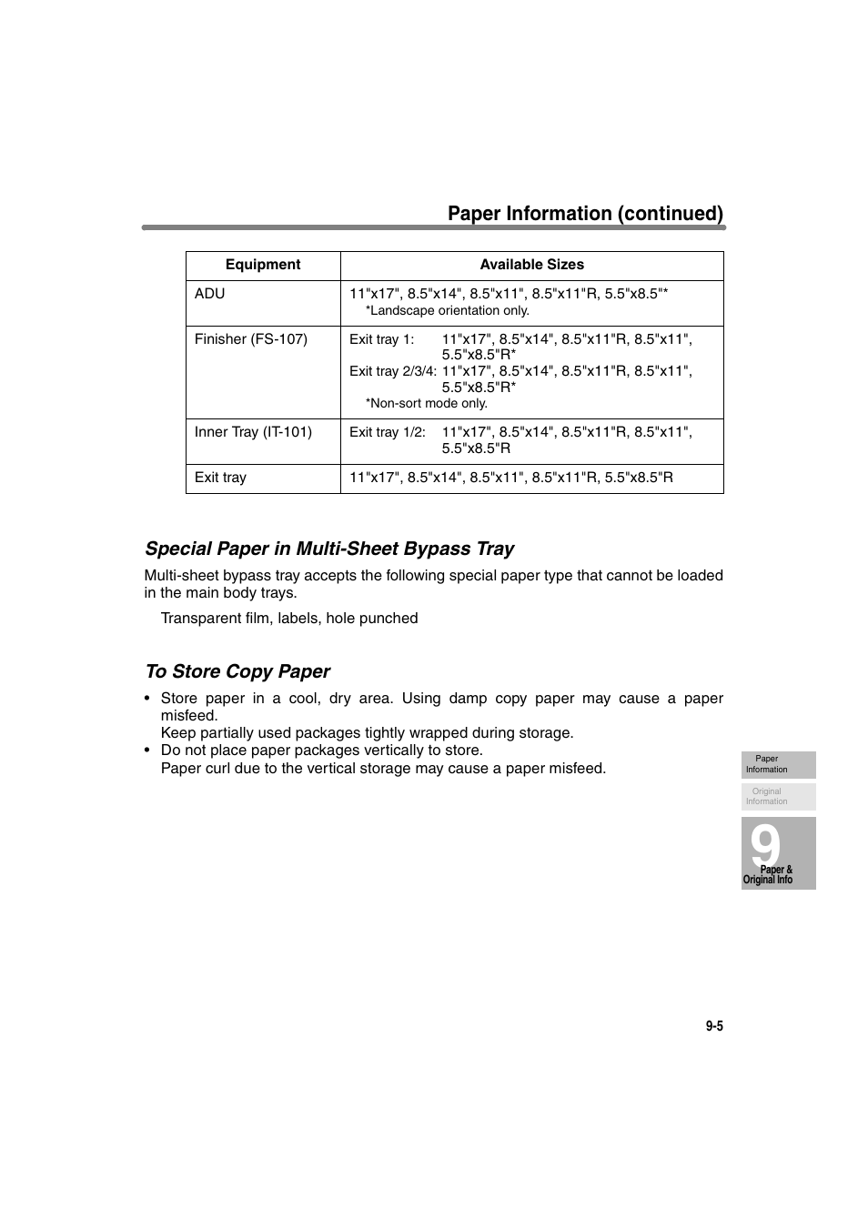 Special paper in multi-sheet bypass tray, To store copy paper, Paper information (continued) | Konica Minolta 7130 User Manual | Page 217 / 294