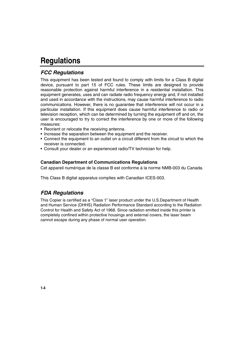 Regulations, Fcc regulations, Fda regulations | Konica Minolta 7130 User Manual | Page 22 / 294