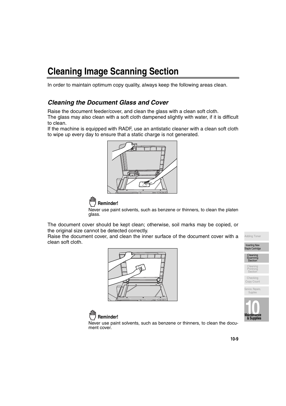 Cleaning image scanning section, Cleaning the document glass and cover | Konica Minolta 7130 User Manual | Page 229 / 294