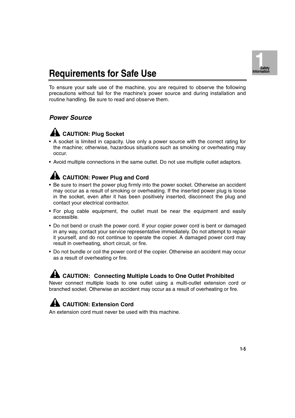 Requirements for safe use, Power source | Konica Minolta 7130 User Manual | Page 23 / 294