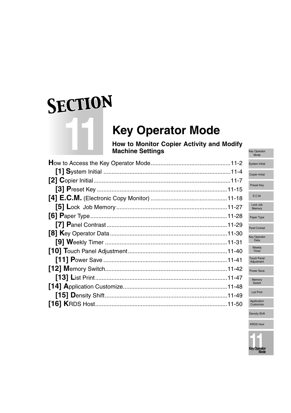 Section 11: key operator mode, Key operator mode, 2] c | 3] p, 4] e.c.m, 5] l, 6] p, 7] p, 8] k, 9] w | Konica Minolta 7130 User Manual | Page 237 / 294