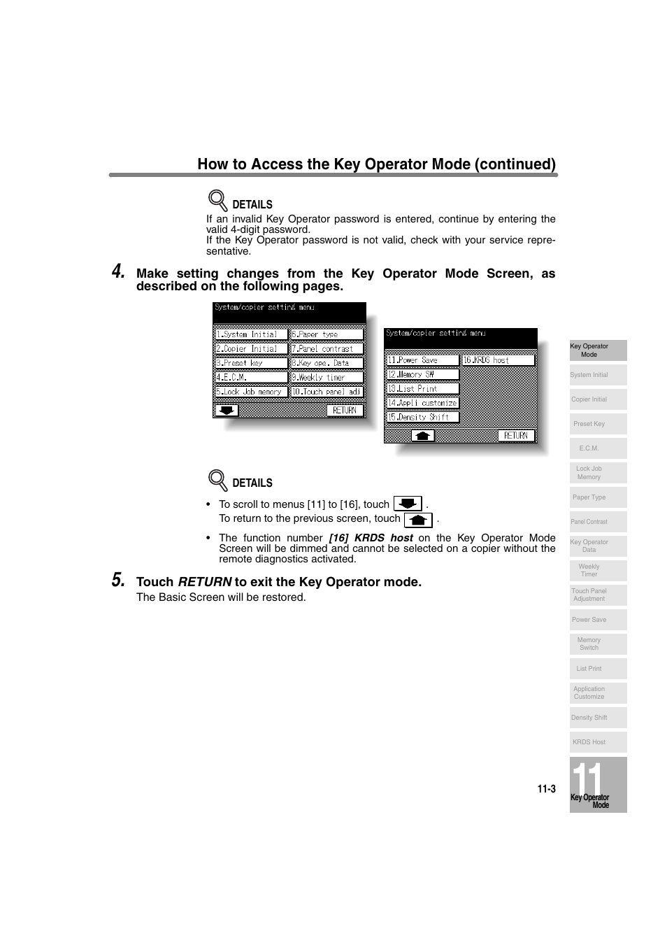 How to access the key operator mode (continued), Touch return to exit the key operator mode | Konica Minolta 7130 User Manual | Page 239 / 294