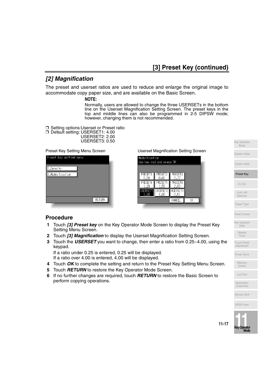 2] magnification, 3] preset key (continued), Procedure | Konica Minolta 7130 User Manual | Page 253 / 294