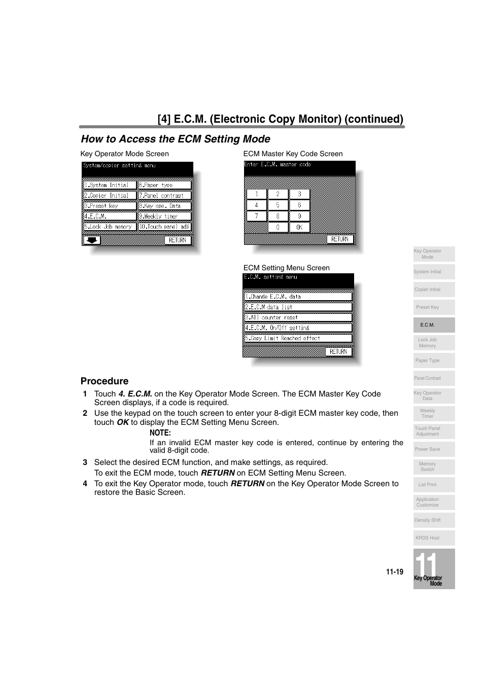 How to access the ecm setting mode, 4] e.c.m. (electronic copy monitor) (continued), Procedure | Konica Minolta 7130 User Manual | Page 255 / 294