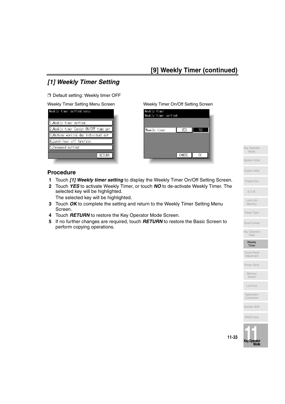 1] weekly timer setting, 9] weekly timer (continued), Procedure | Konica Minolta 7130 User Manual | Page 269 / 294