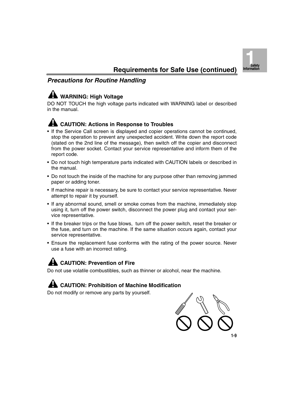 Precautions for routine handling, Requirements for safe use (continued) | Konica Minolta 7130 User Manual | Page 27 / 294