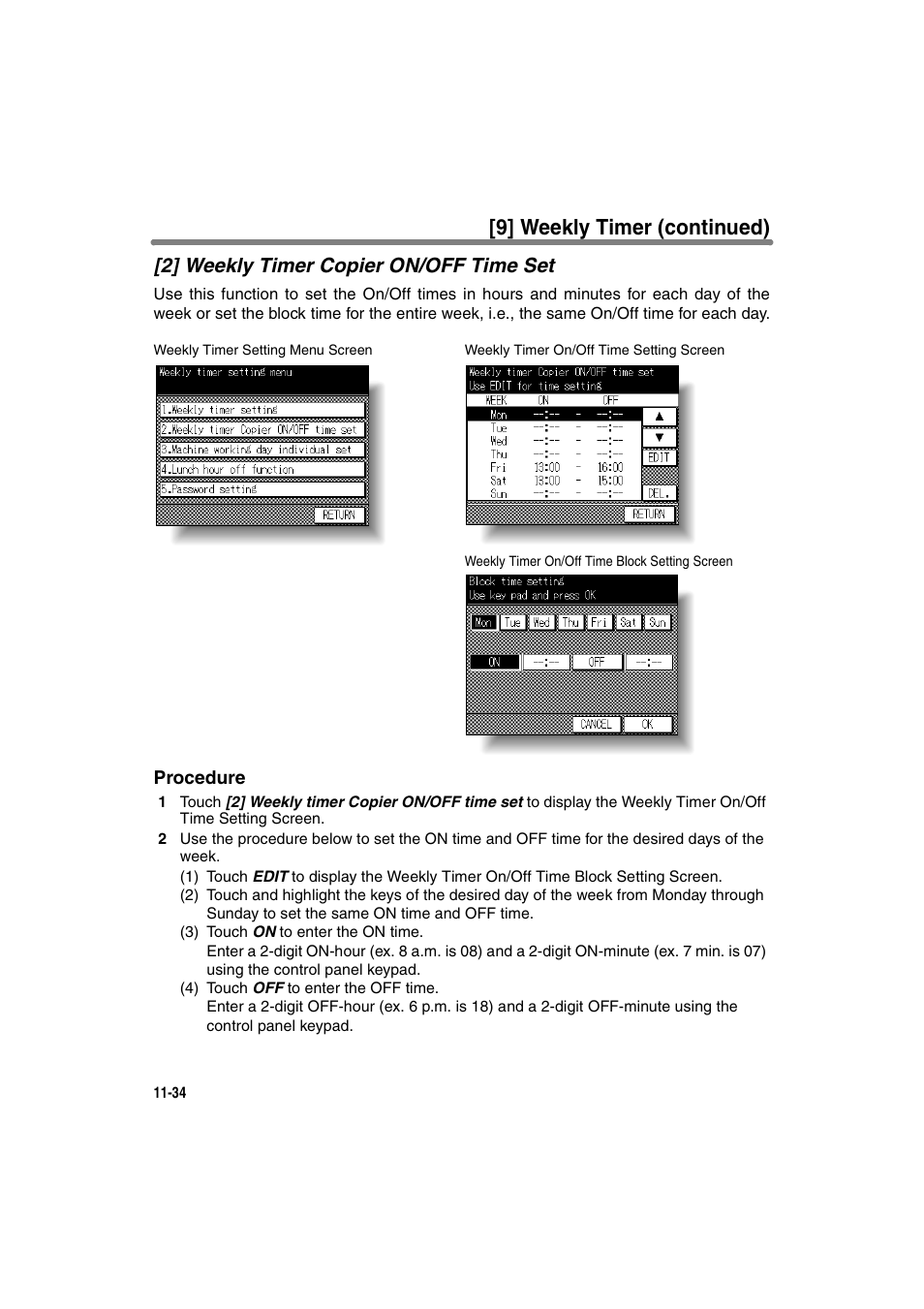 2] weekly timer copier on/off time set, 9] weekly timer (continued) | Konica Minolta 7130 User Manual | Page 270 / 294