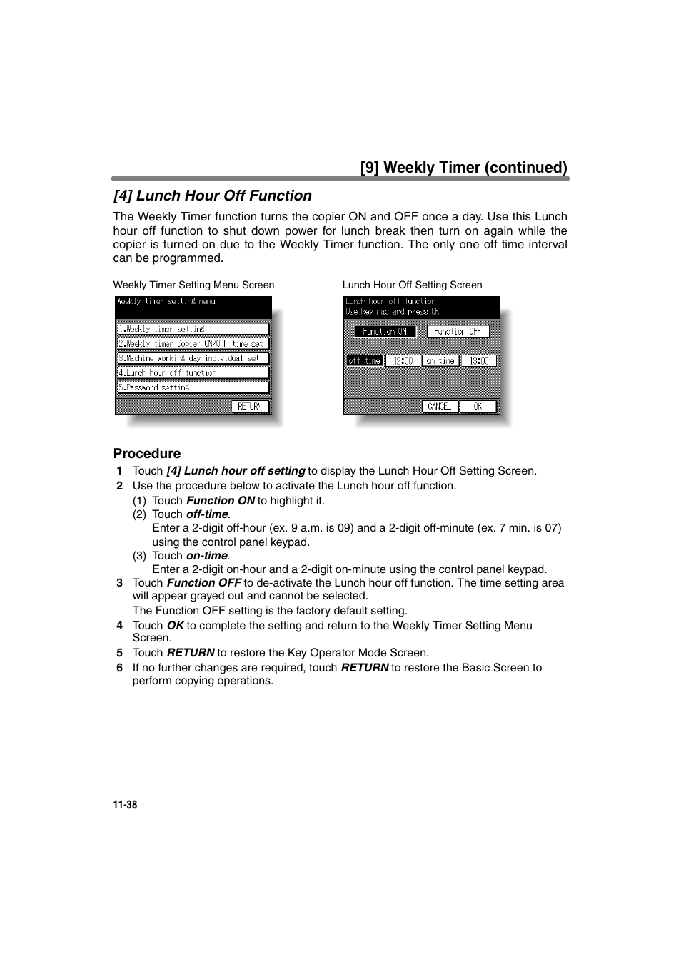 4] lunch hour off function, 9] weekly timer (continued) | Konica Minolta 7130 User Manual | Page 274 / 294