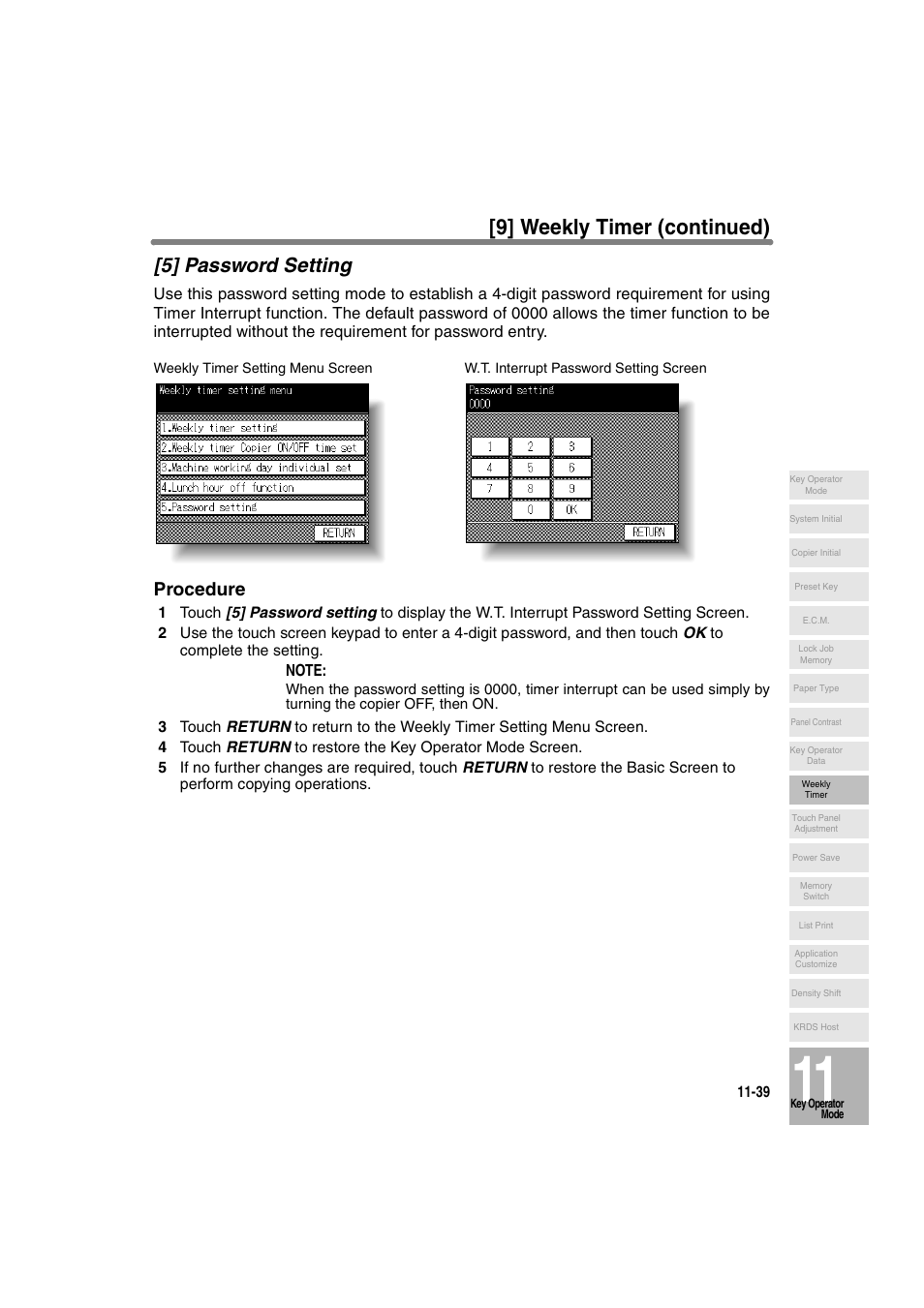 5] password setting, 9] weekly timer (continued), Procedure | Konica Minolta 7130 User Manual | Page 275 / 294