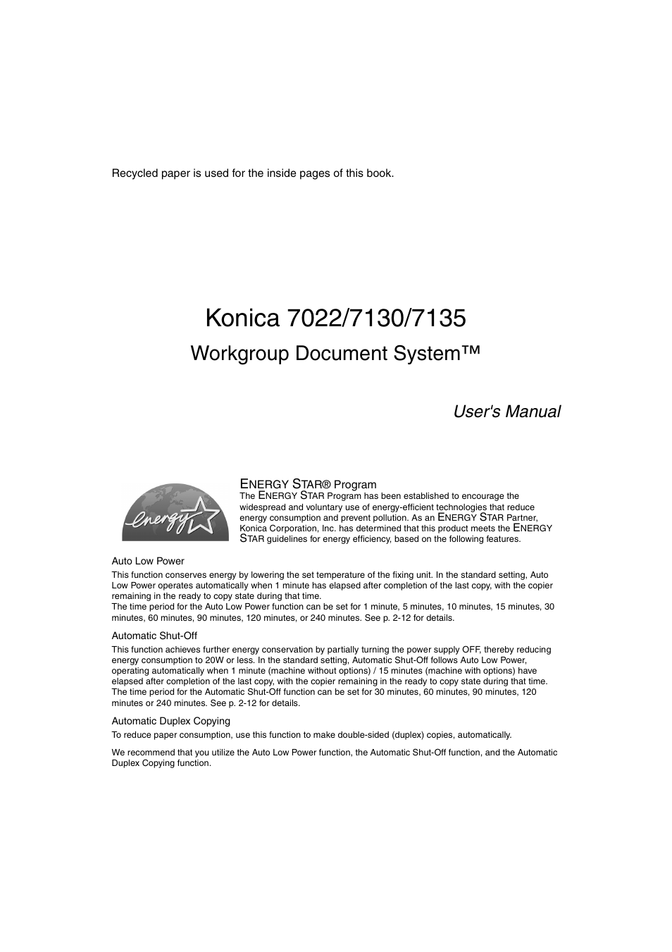 Workgroup document system, User's manual | Konica Minolta 7130 User Manual | Page 3 / 294