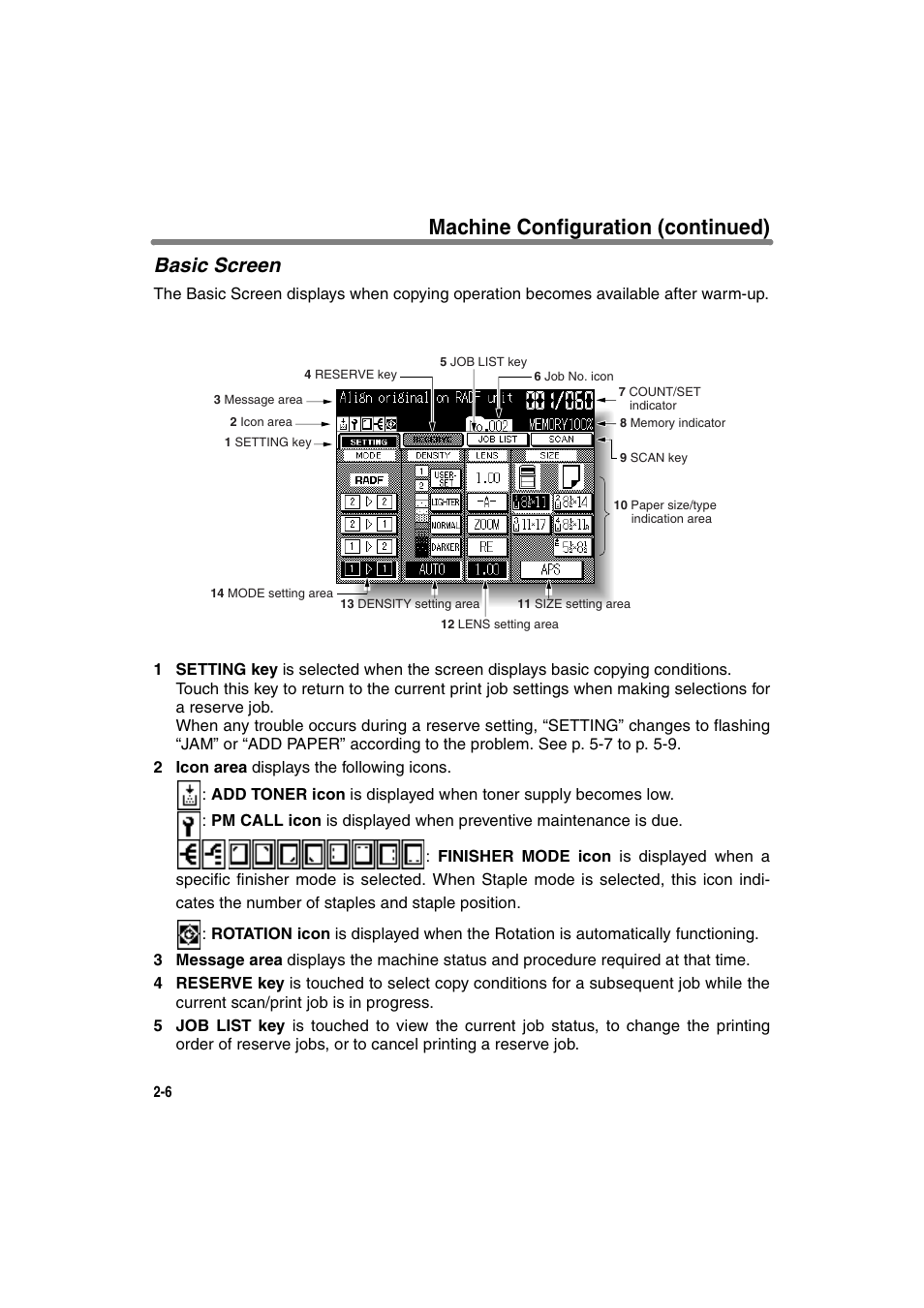 Basic screen, Machine configuration (continued) | Konica Minolta 7130 User Manual | Page 36 / 294