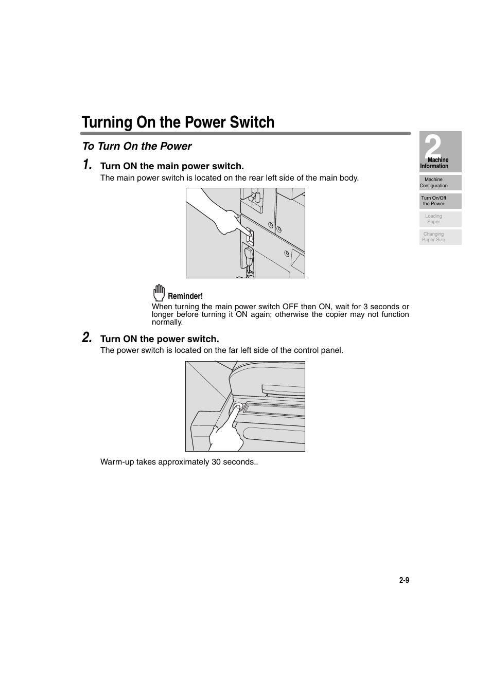 Turning on the power switch, To turn on the power | Konica Minolta 7130 User Manual | Page 39 / 294