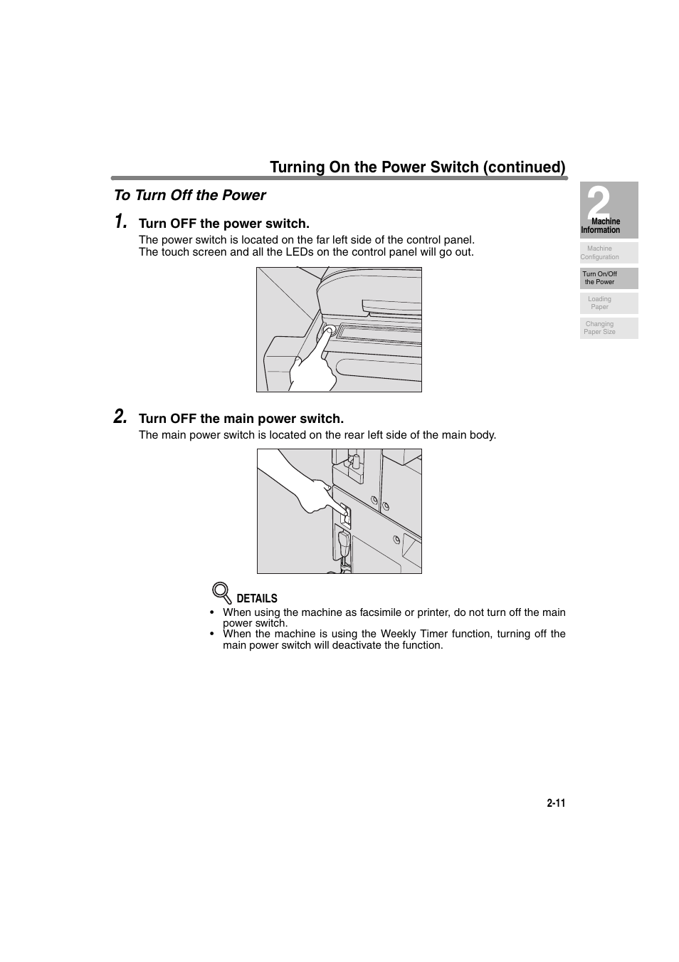 To turn off the power, Turning on the power switch (continued) | Konica Minolta 7130 User Manual | Page 41 / 294