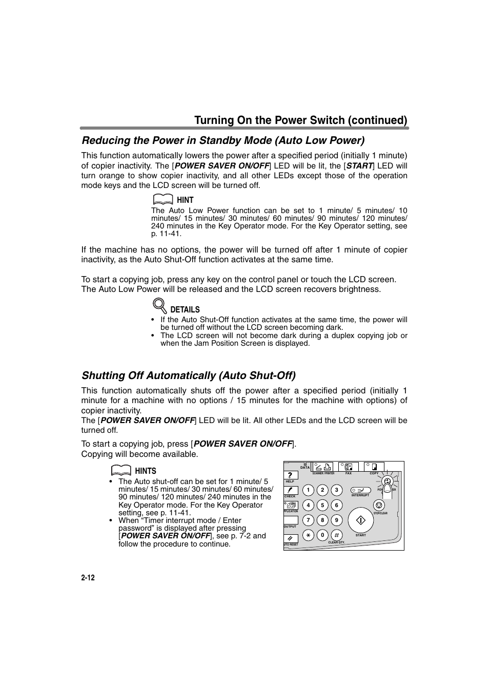 Shutting off automatically (auto shut-off), Turning on the power switch (continued), Hint | Konica Minolta 7130 User Manual | Page 42 / 294