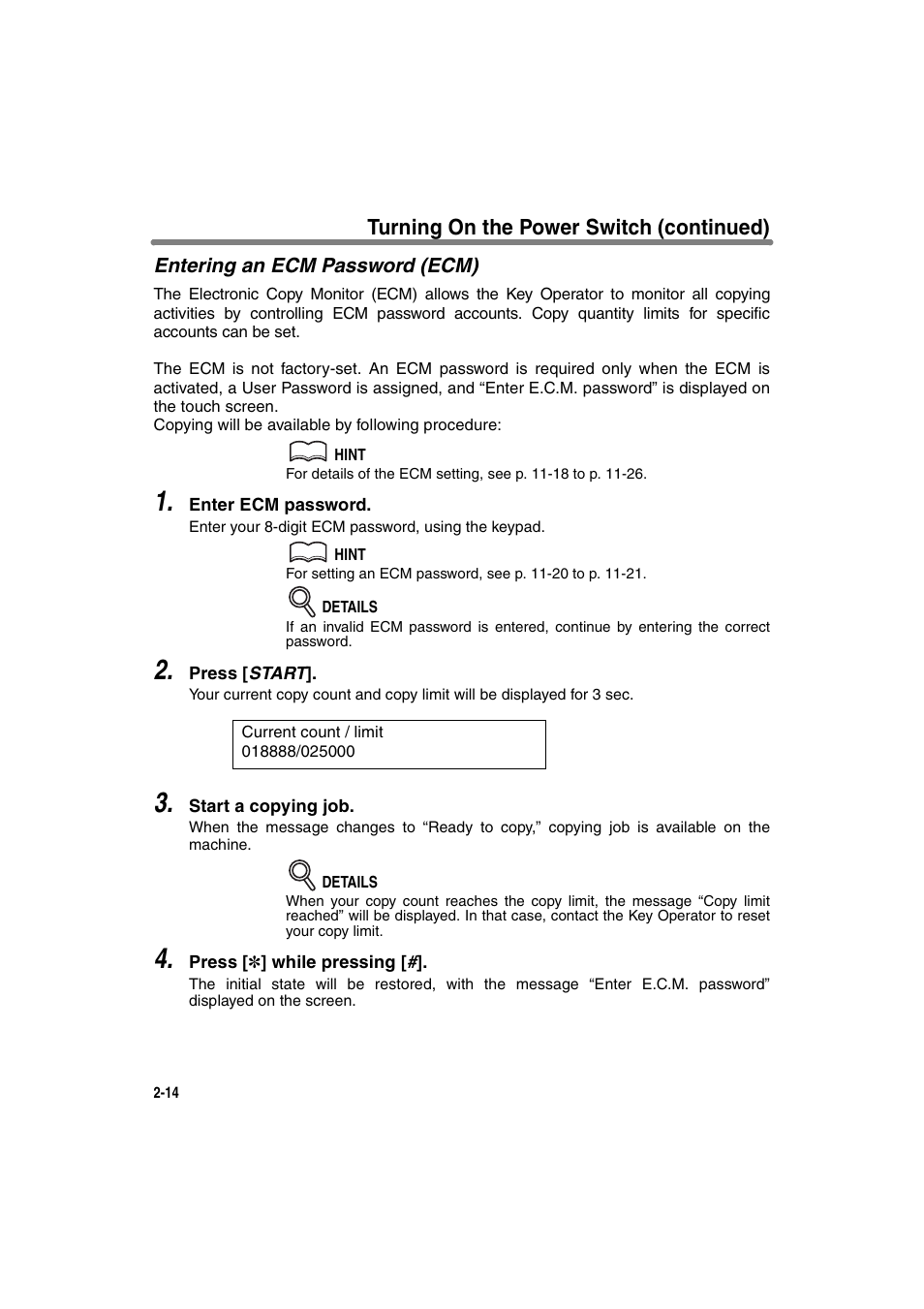 Entering an ecm password (ecm), Turning on the power switch (continued) | Konica Minolta 7130 User Manual | Page 44 / 294