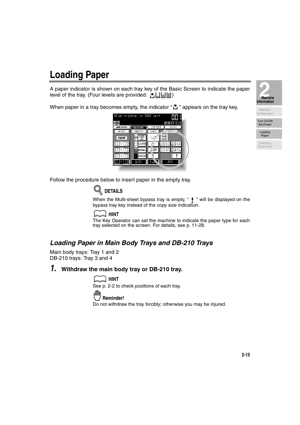 Loading paper, Loading paper in main body trays and db-210 trays | Konica Minolta 7130 User Manual | Page 45 / 294