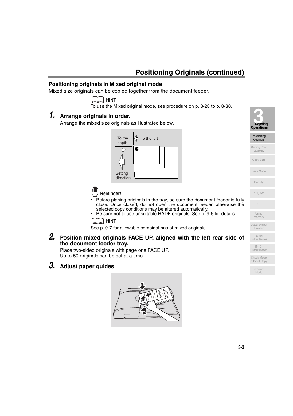 Positioning originals (continued), Arrange originals in order, Adjust paper guides | Konica Minolta 7130 User Manual | Page 53 / 294