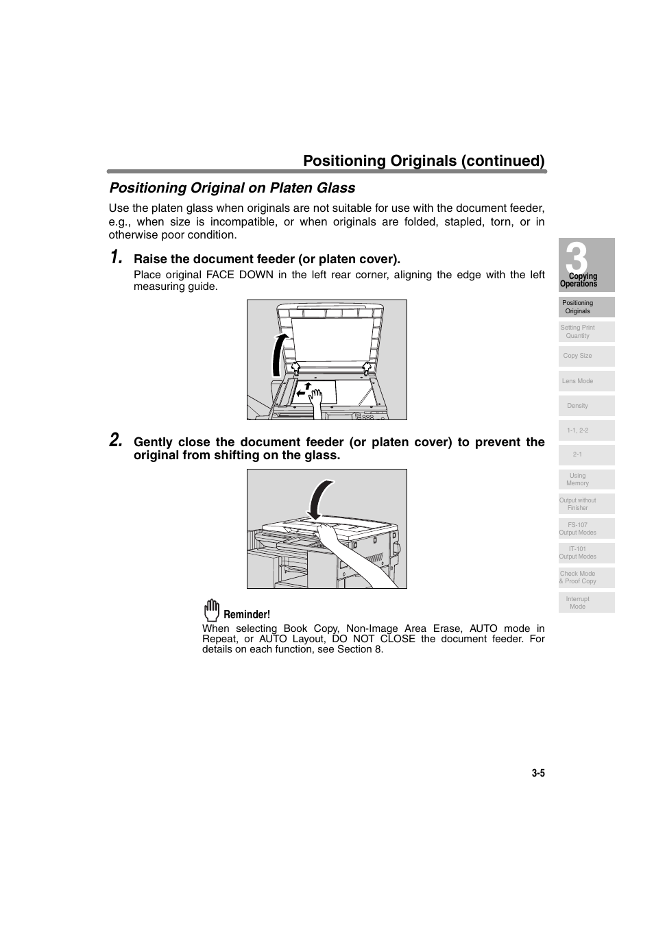 Positioning original on platen glass, Positioning originals (continued), Raise the document feeder (or platen cover) | Konica Minolta 7130 User Manual | Page 55 / 294