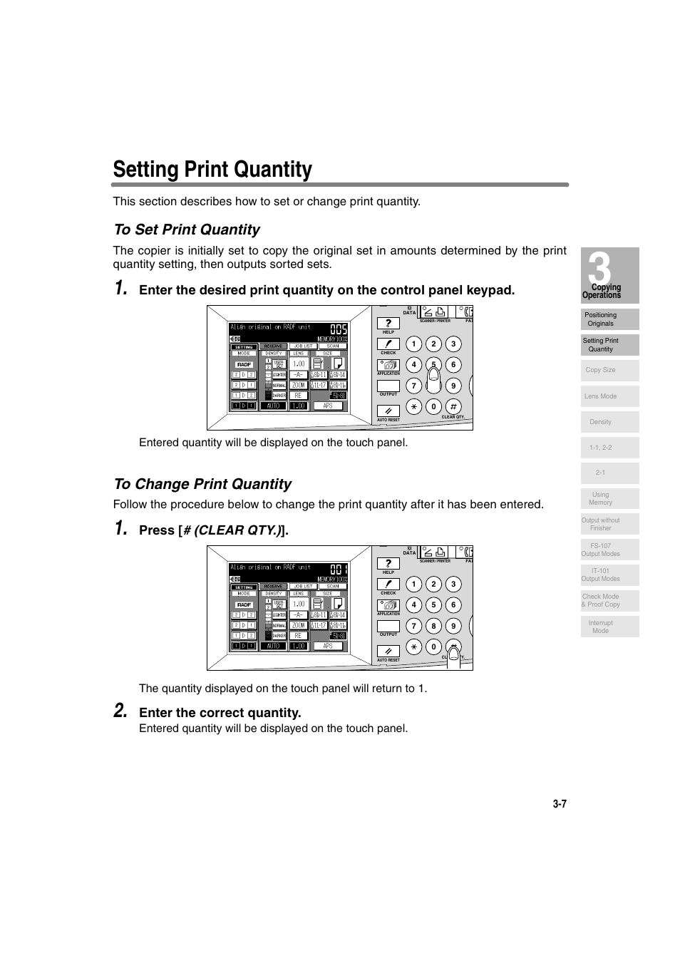 Setting print quantity, To set print quantity, To change print quantity | Press [ # (clear qty.), Enter the correct quantity | Konica Minolta 7130 User Manual | Page 57 / 294