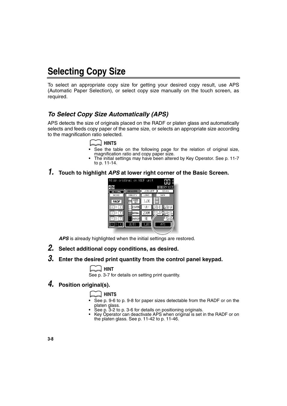 Selecting copy size, To select copy size automatically (aps) | Konica Minolta 7130 User Manual | Page 58 / 294