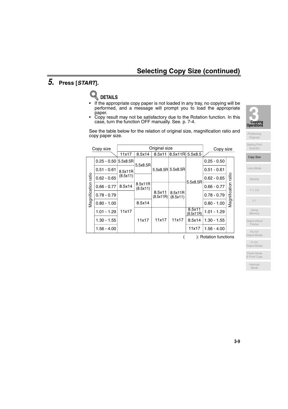 Selecting copy size (continued), Press [ start | Konica Minolta 7130 User Manual | Page 59 / 294
