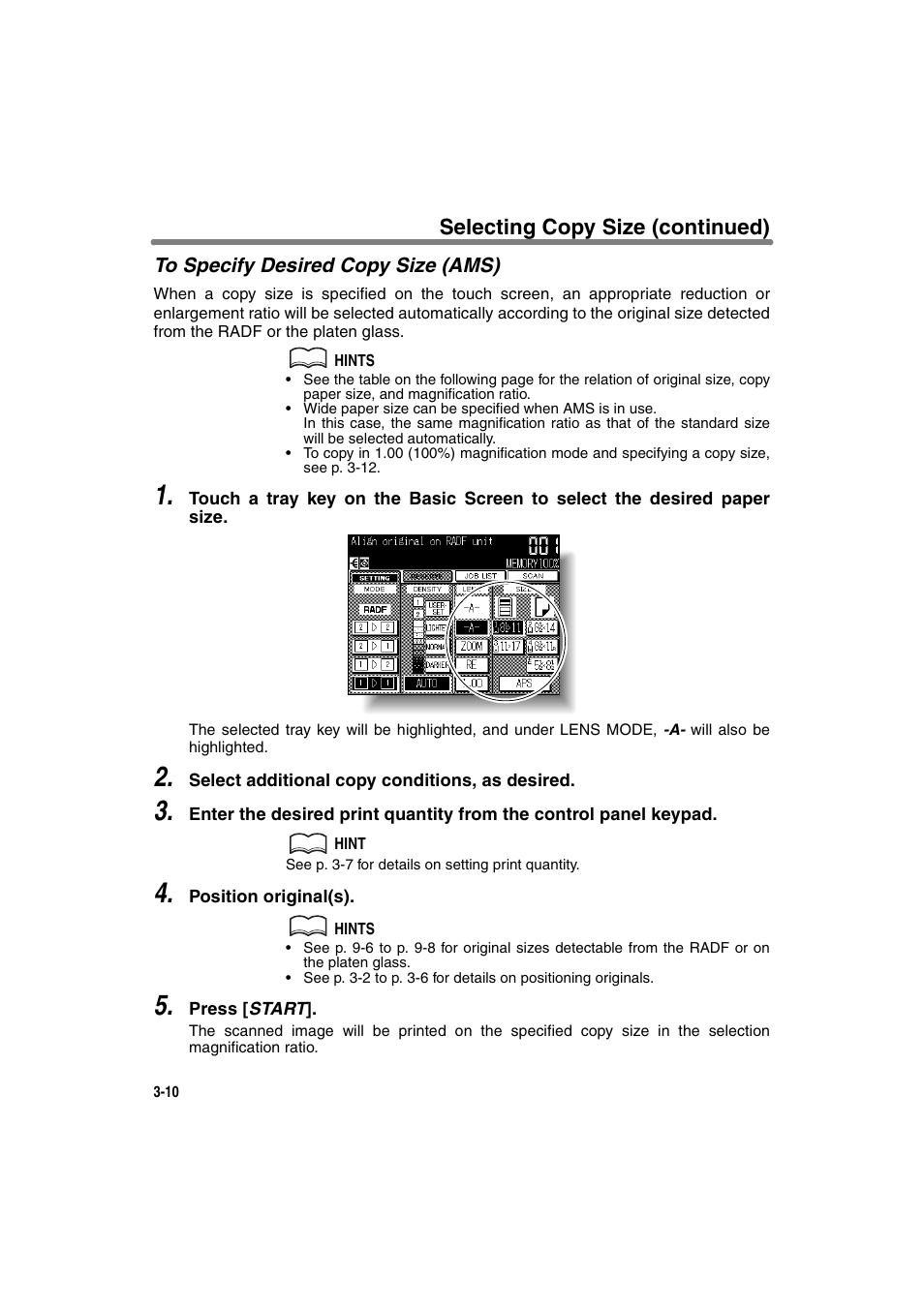 To specify desired copy size (ams), Selecting copy size (continued) | Konica Minolta 7130 User Manual | Page 60 / 294