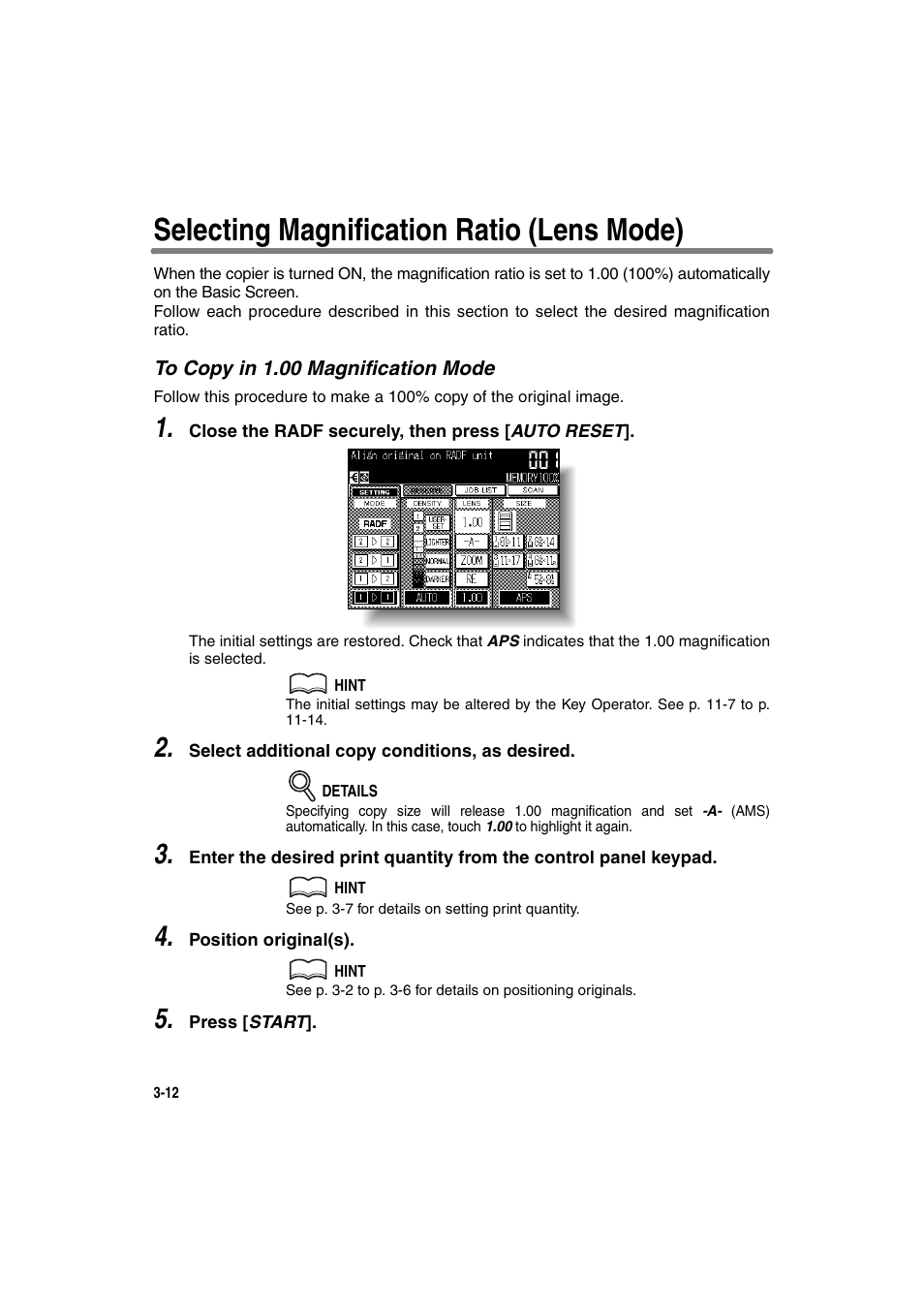 Selecting magnification ratio (lens mode), To copy in 1.00 magnification mode | Konica Minolta 7130 User Manual | Page 62 / 294