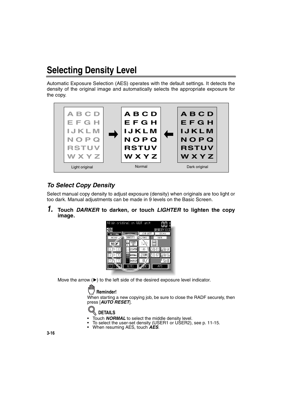 Selecting density level, To select copy density | Konica Minolta 7130 User Manual | Page 66 / 294