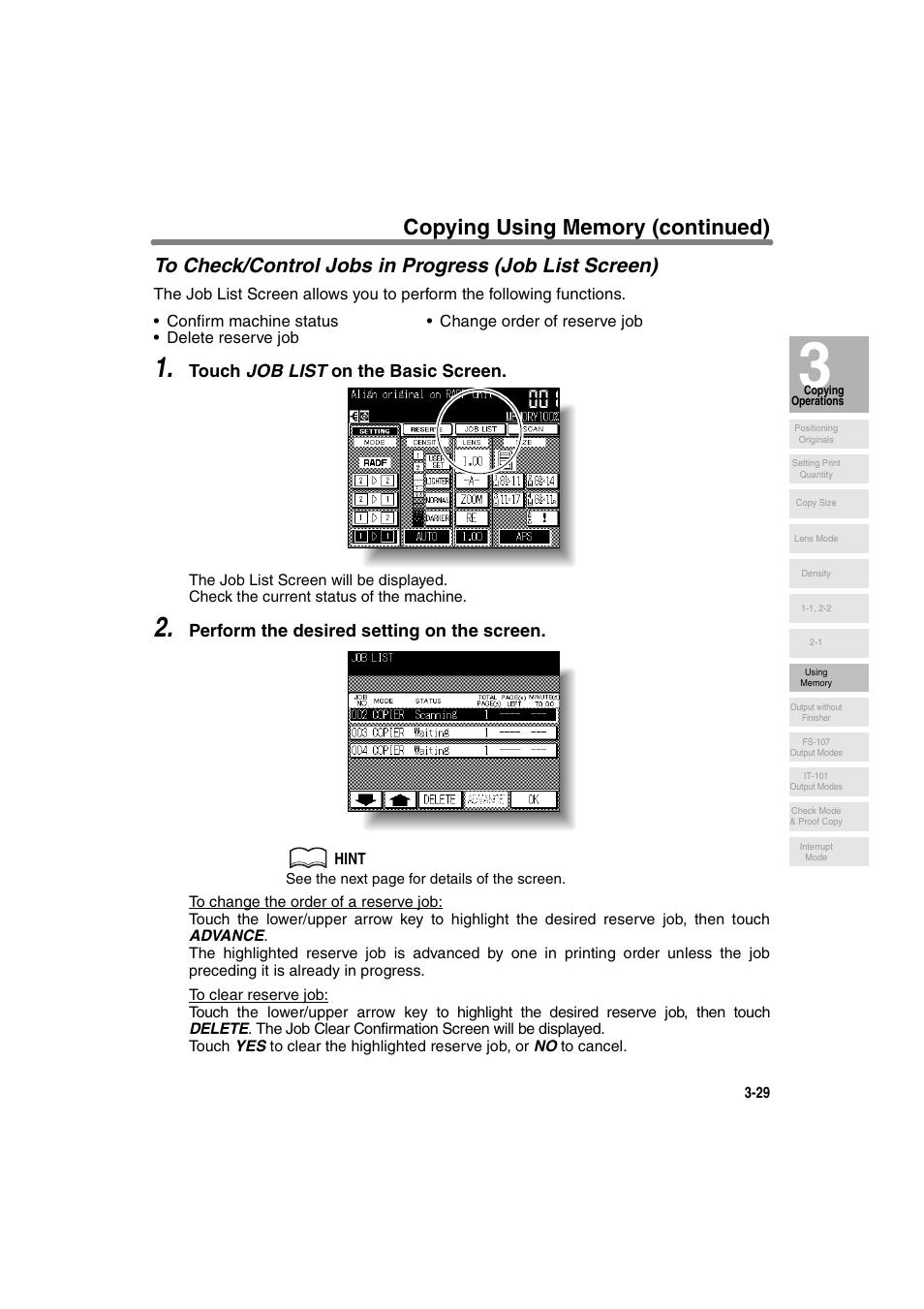 Touch job list on the basic screen, Perform the desired setting on the screen | Konica Minolta 7130 User Manual | Page 79 / 294