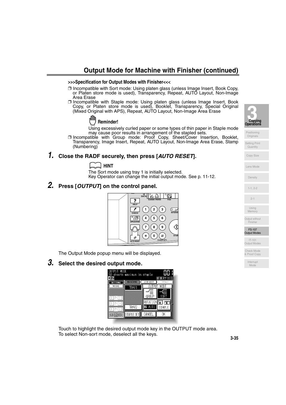 Output mode for machine with finisher (continued), Close the radf securely, then press [ auto reset, Press [ output ] on the control panel | Select the desired output mode, Specification for output modes with finisher, Reminder, Hint | Konica Minolta 7130 User Manual | Page 85 / 294