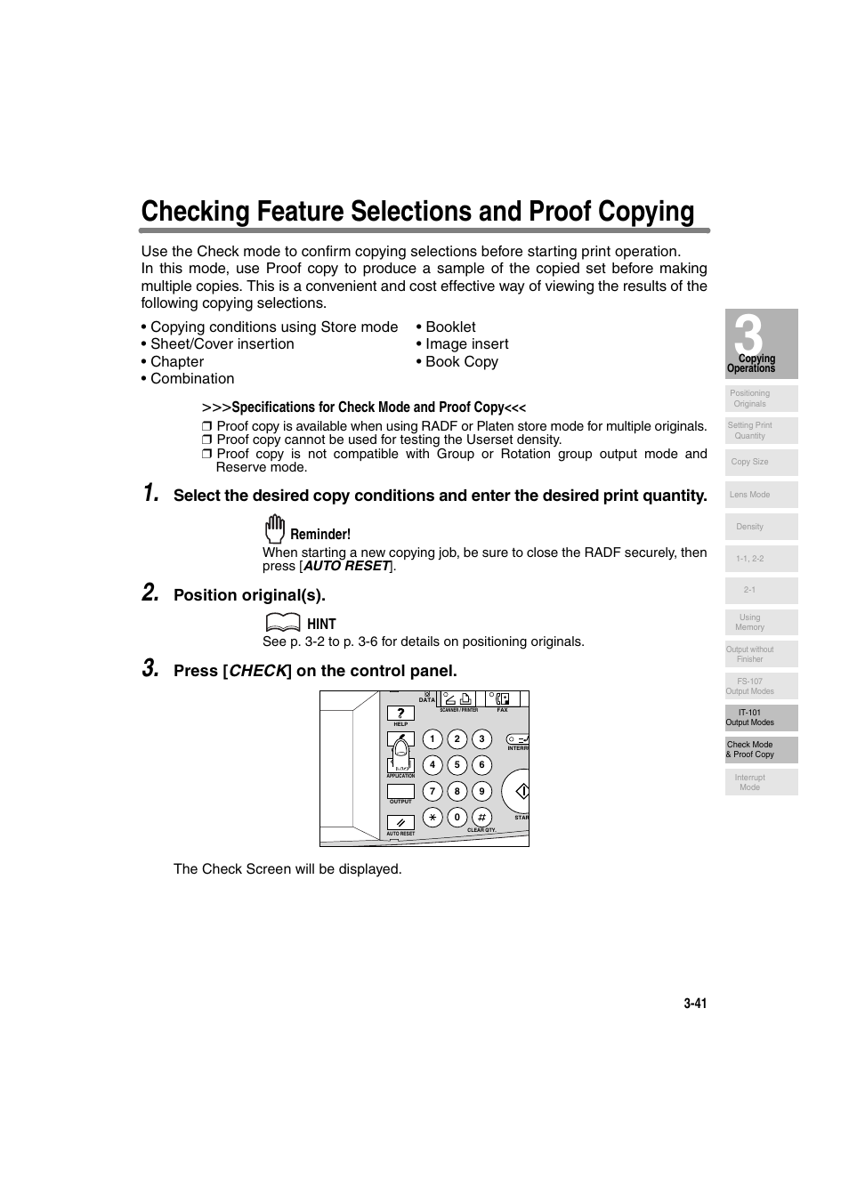 Checking feature selections and proof copying, Position original(s), Press [ check ] on the control panel | Konica Minolta 7130 User Manual | Page 91 / 294