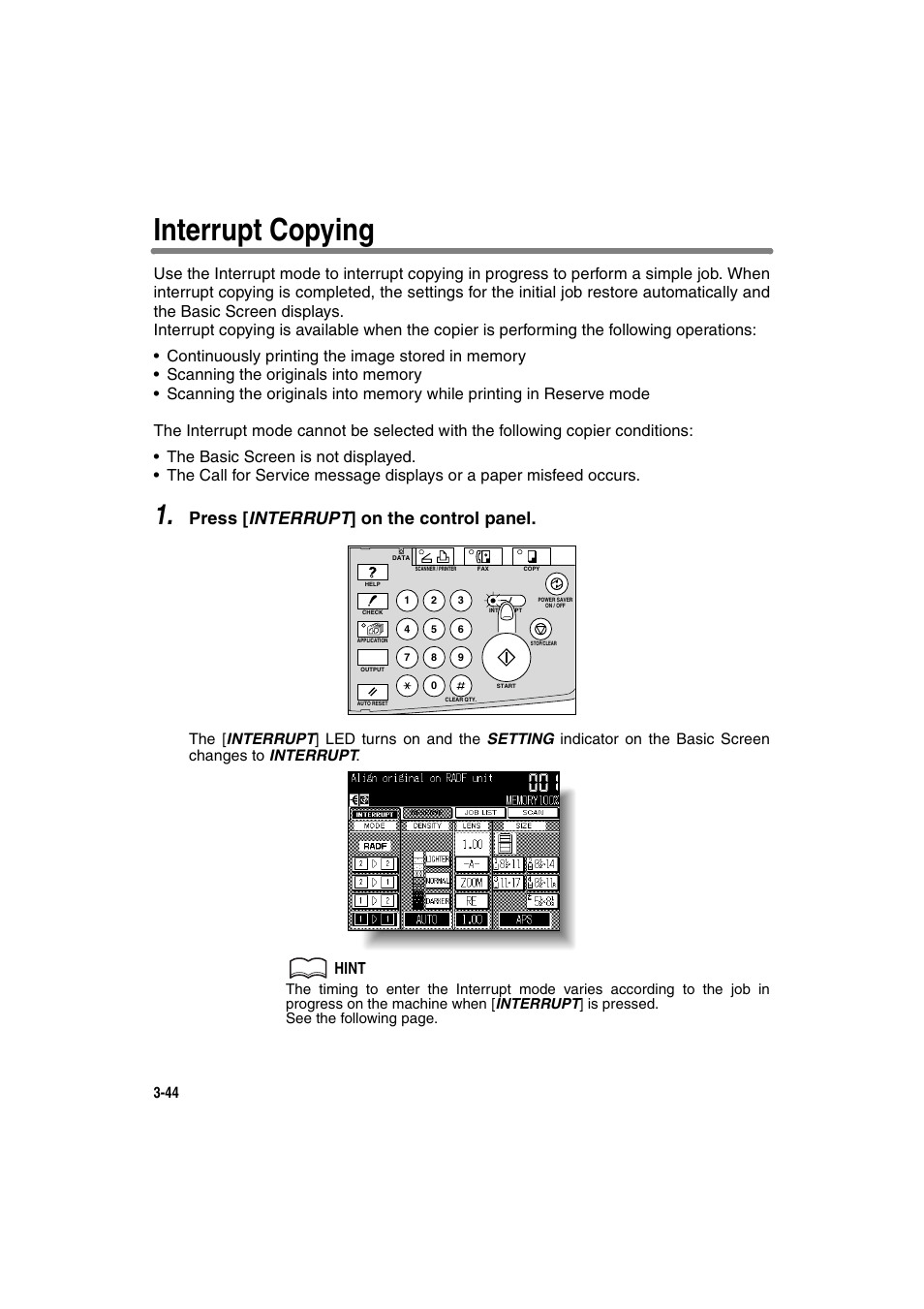Interrupt copying, Press [ interrupt ] on the control panel, Hint | Konica Minolta 7130 User Manual | Page 94 / 294