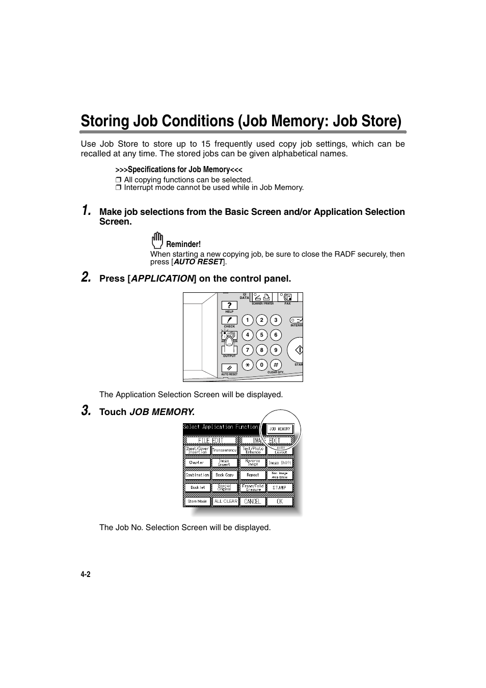 Storing job conditions (job memory: job store), Press [ application ] on the control panel, Reminder | Konica Minolta 7130 User Manual | Page 98 / 294