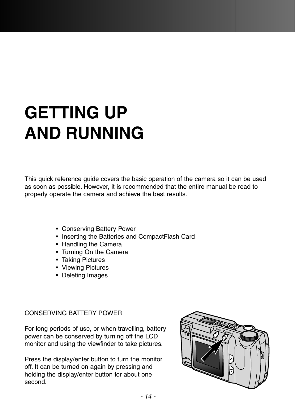 Getting up and running, Conserving battery power | Konica Minolta DiMAGE E201 User Manual | Page 14 / 96