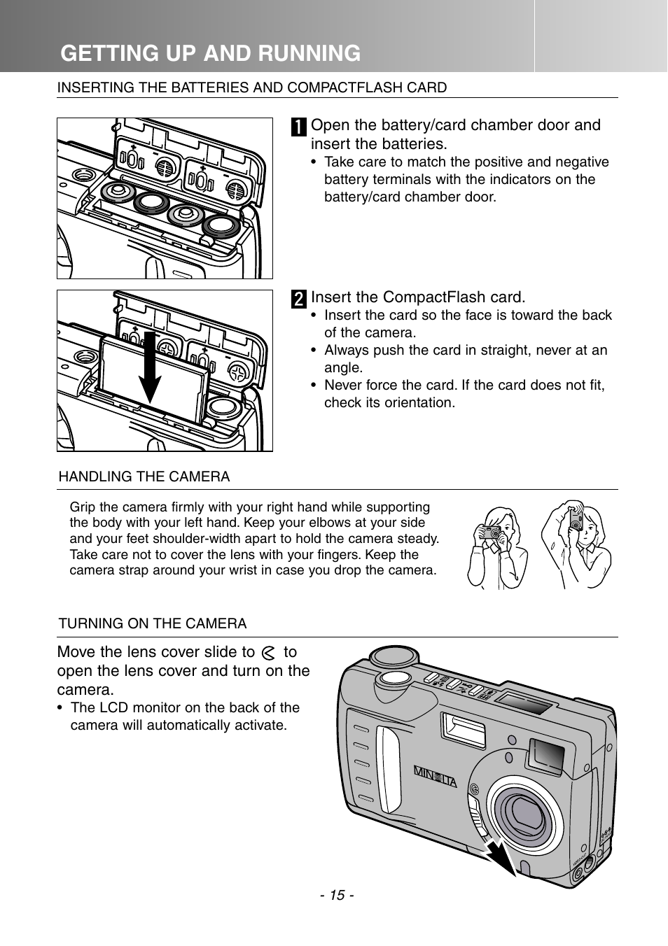 Getting up and running | Konica Minolta DiMAGE E201 User Manual | Page 15 / 96