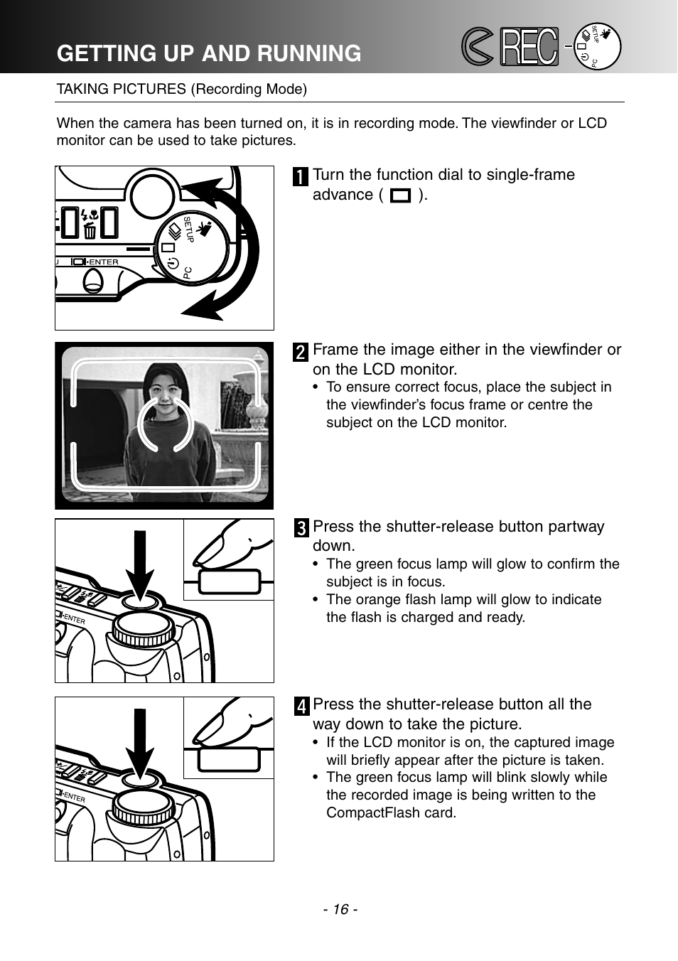 Taking pictures (recording mode), Getting up and running | Konica Minolta DiMAGE E201 User Manual | Page 16 / 96