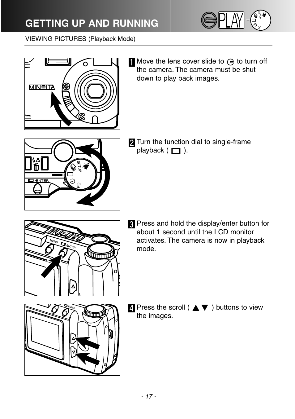 Viewing pictures (playback mode), Getting up and running | Konica Minolta DiMAGE E201 User Manual | Page 17 / 96
