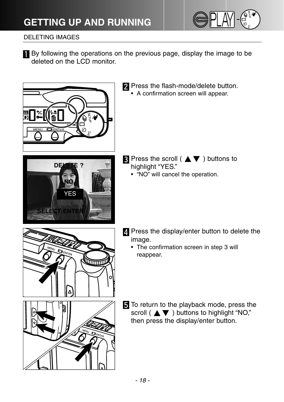 Deleting images, Getting up and running | Konica Minolta DiMAGE E201 User Manual | Page 18 / 96