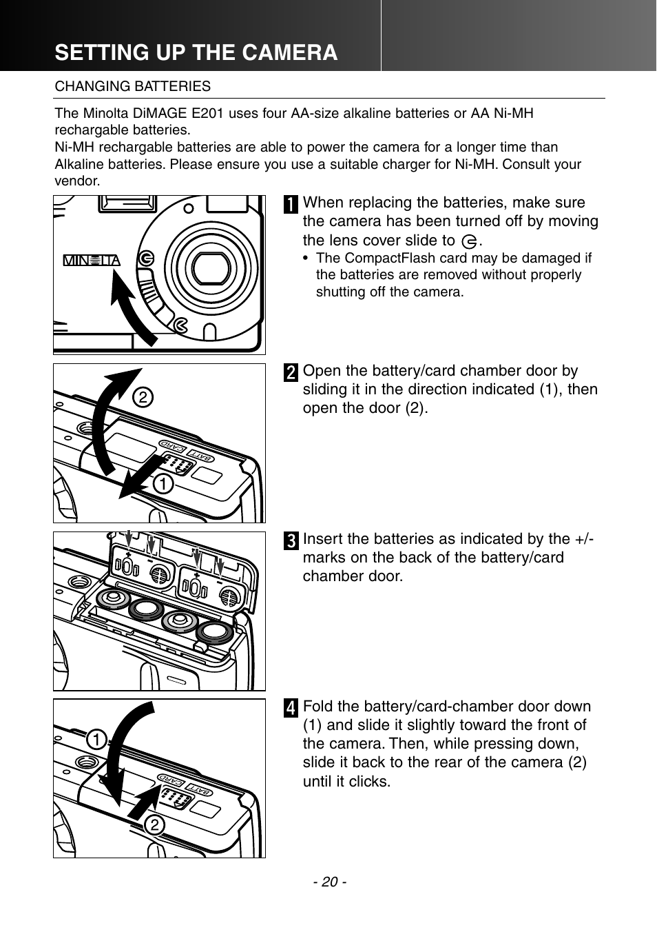 Changing batteries, Setting up the camera | Konica Minolta DiMAGE E201 User Manual | Page 20 / 96