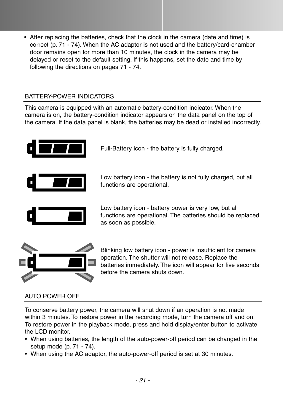 Battery-power indicators auto power off | Konica Minolta DiMAGE E201 User Manual | Page 21 / 96
