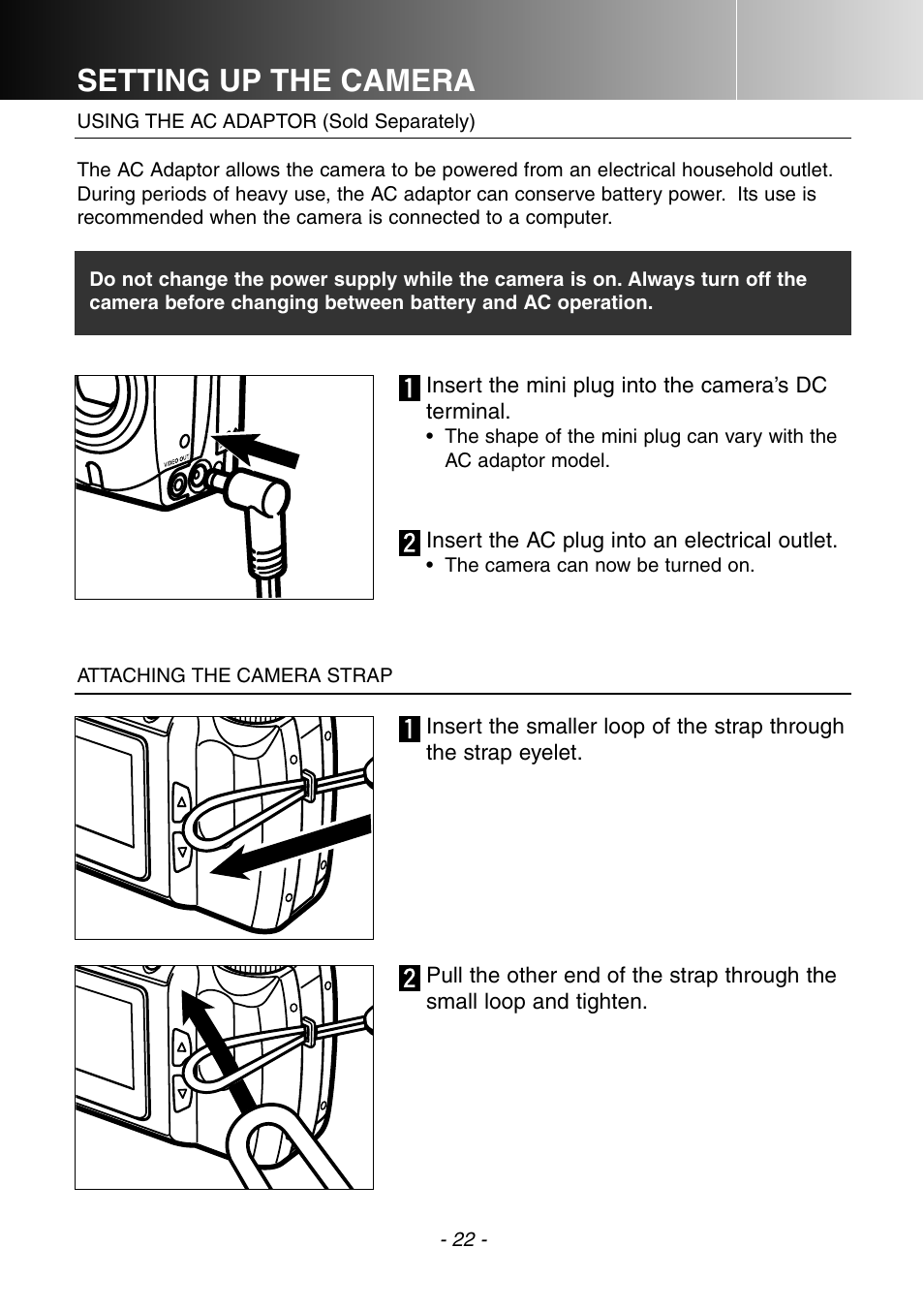 Setting up the camera | Konica Minolta DiMAGE E201 User Manual | Page 22 / 96